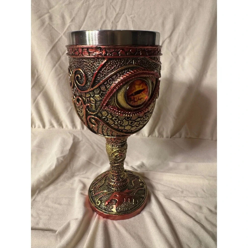 Dragon Eye Gothic Chalice Goblet Stainless Steel Fantasy Medieval Decor Red Gold